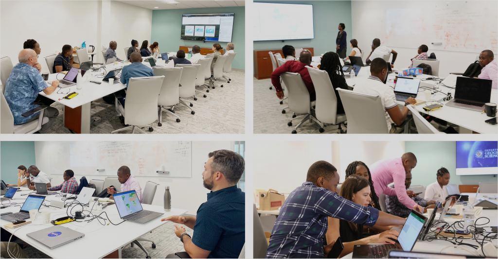 Caption: Left: Dr. Garik Gutman, Director of the NASA LCLUC, program gives an overview of the program and the online platforms available to different end users.  Right: Data collection scheduling working session: Botton: John Keniston leading an overview of GLAM 2.0