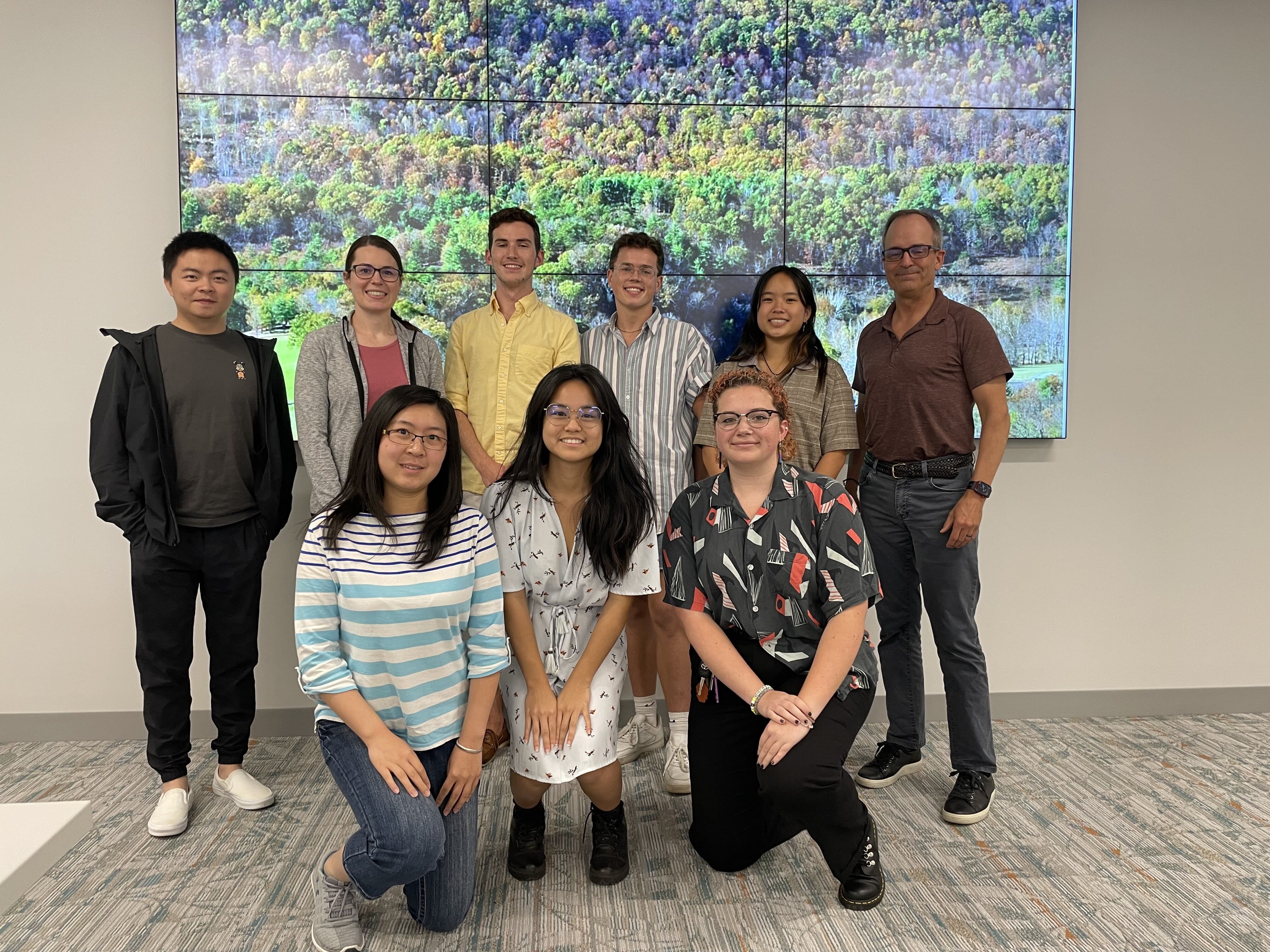 Picture of Campus Forest Carbon Project team and members of GEL lab. Top row from left to right: Lei Ma, Rachel Lamb, Jarrett James, Mikey Howerton,  Anniee Fang, George Hurtt. Bottom row from left to right: Quan Shen, Marie Panday, Katelynn Kopp