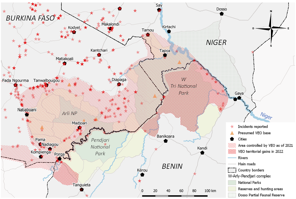 Map depicting areas under violent extremist control in the WAP complex of West Africa