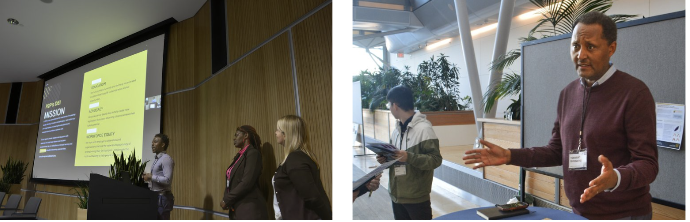 Image Left: From left, Dr. Stanley Andrisse, Lisette Bamenga, and Basia Skudrzyk during the diversity, equity, inclusion, and Justice presentation  Image Right: Dr. Teamrat Ghezzehei presenting at the Crop Circles session