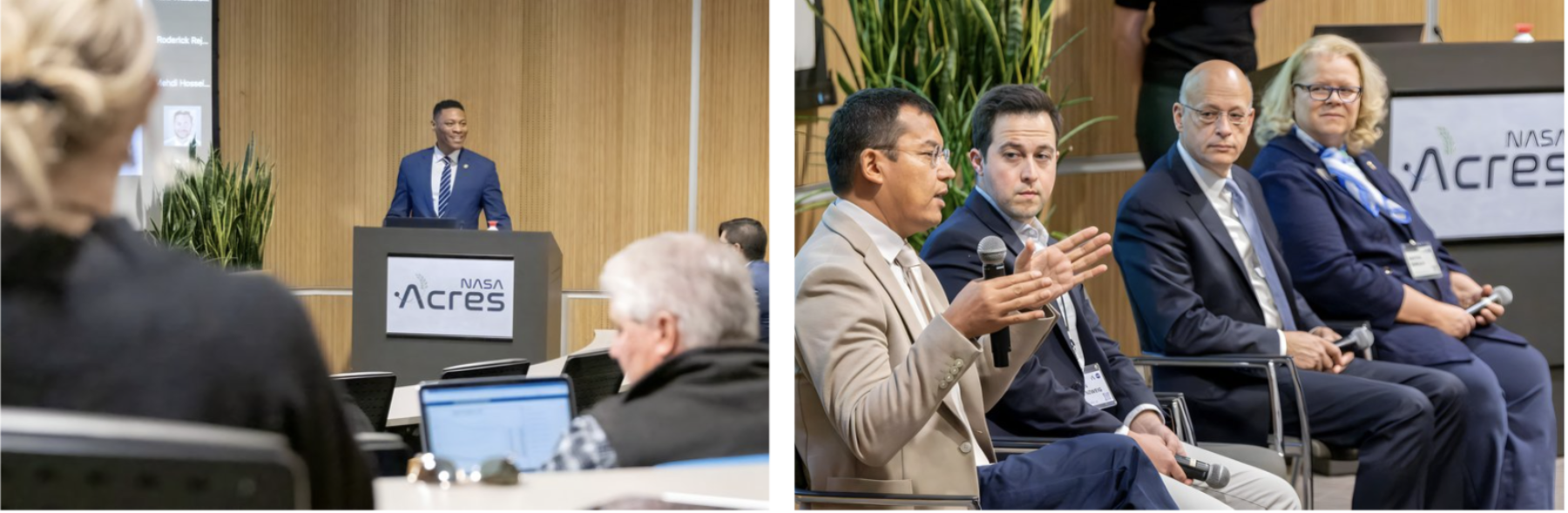 Image Left: Senator Brian Williams of the Missouri Senate during his welcome address during the opening session. Photo by Derik Holtmann, University of Missouri-St. Louis  Image Right: From left, Dr. Vasit Sagan, Dr. Steven Rosenzweig, Mark Baxa, and Kristin Sobolik speaking on the agriculture technology panel during the opening session. Photo by Derik Holtmann, University of Missouri-St. Louis