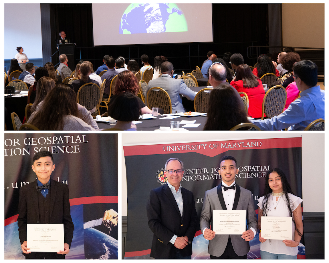 Photo Collage: a wider shot of the ballroom, Dr. Hurtt with two students, and student Cristian Romero