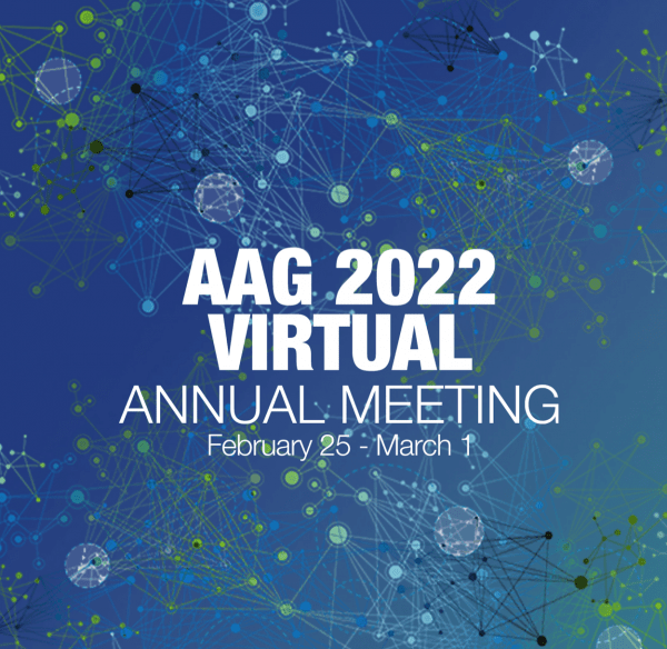 blue and green background with lines and circles and white text reading 'AAG 2022 Virtual Annual Meeting'