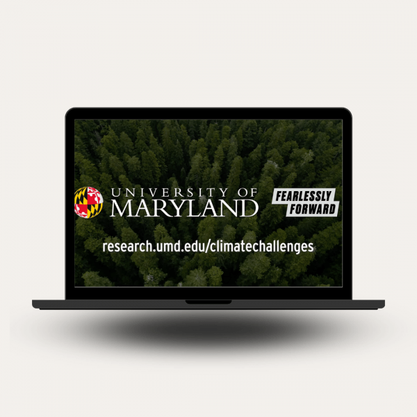 Computer showing a green forest with University of Maryland logo