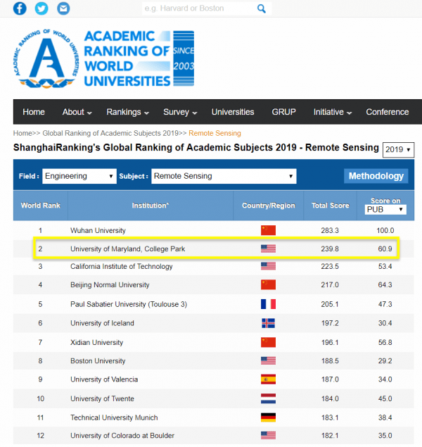 UMCP Ranked #2 University for Remote Sensing