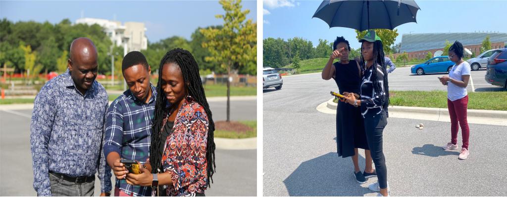 Left: Members of the workshop group test the customized ODK data collection form outside. Pictured (L to R) are: Kennedy Anahinga of the Ministry of Agriculture, Kenneth Mwangi of the International Centre for Precision Agriculture, and Diana Frimpong of UMD. Right: PI Dr. Catherine Nakalembe (left), UMD specialist Diana Frimpong (center), and Esther Maina of the Kenya Space Agency (right) conduct an impromptu field survey using the adapted ODK form.